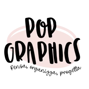 logo Pop Graphics nero con sfondo rosa e claim pensa organizza progetta
